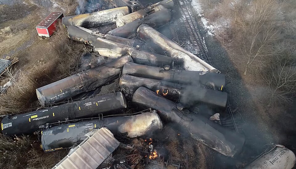 NTSB aerial image of the February 2023 East Palestine train derailment